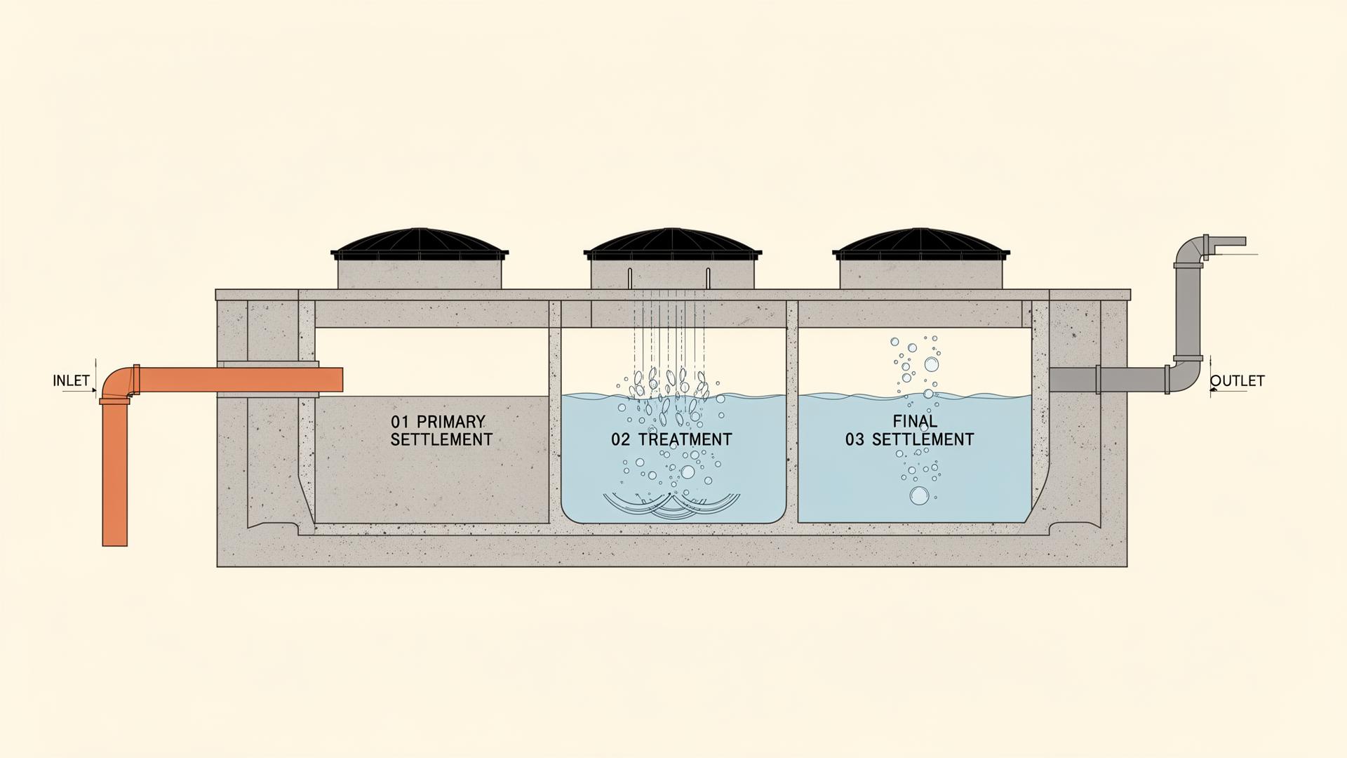 Technical cross-section of the bioTank showing Primary Settlement, Treatment and Final Settlement chambers