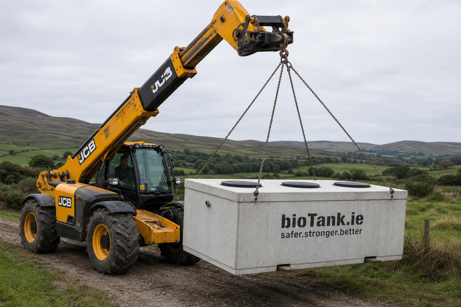 A bioTank unit being lowered into place on a rural site